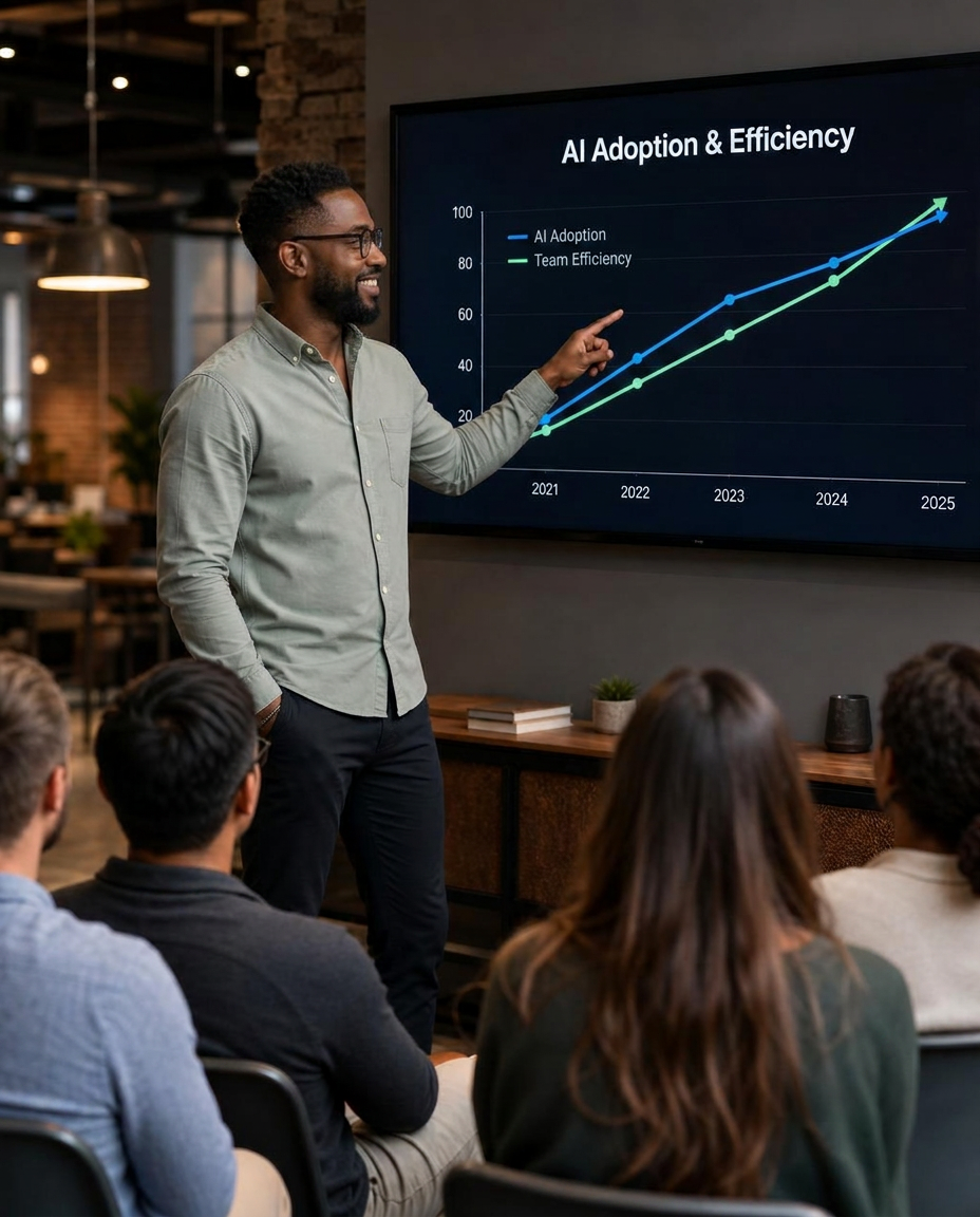 Líder apresentando gráfico de adoção de IA e eficiência para time em escritório moderno